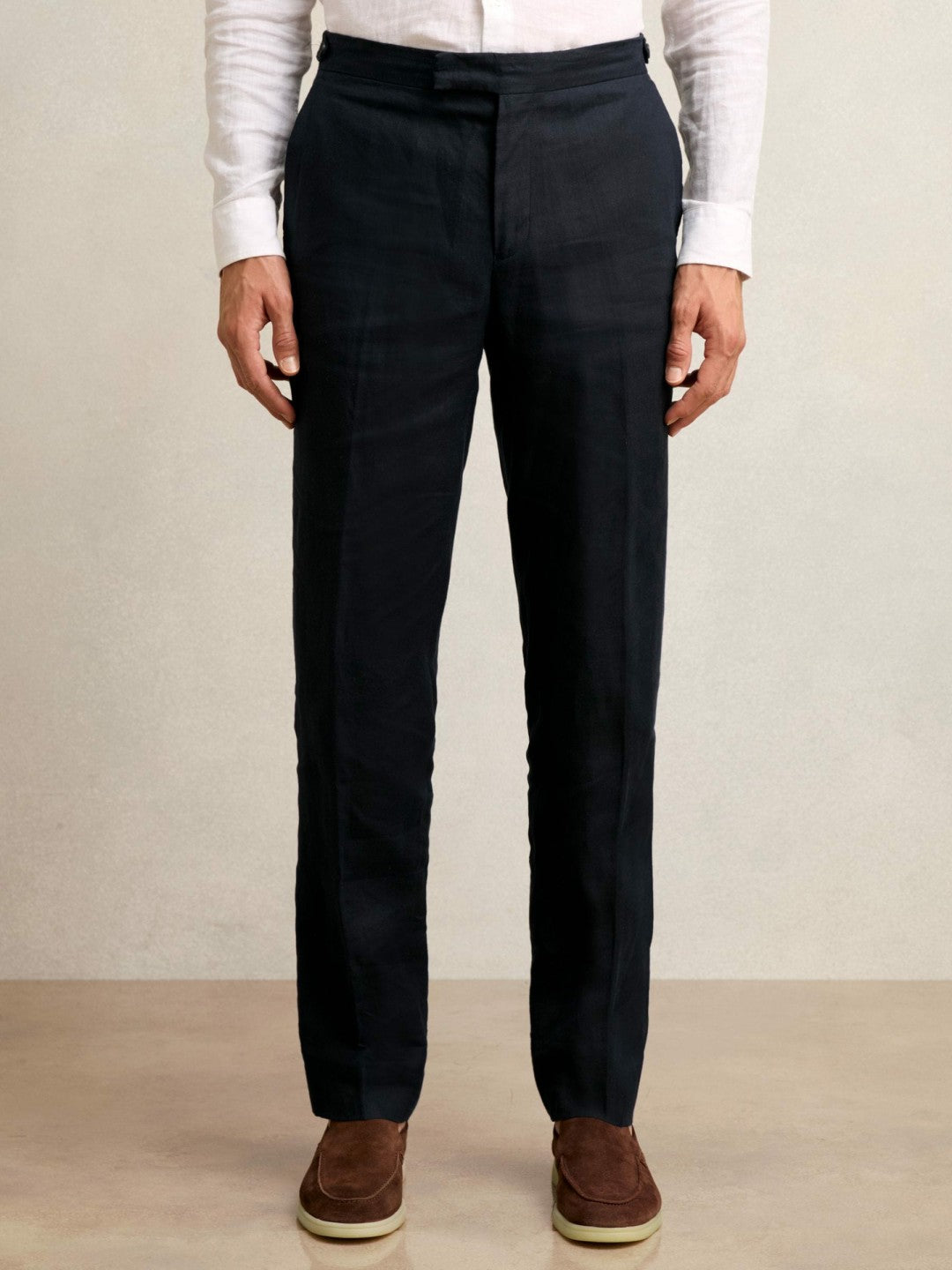Slim Fit Linen Adjuster Trousers in Navy