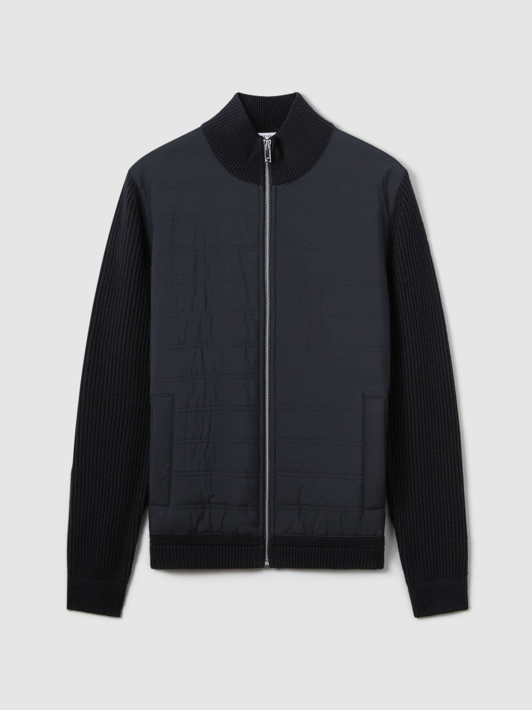 Hybrid Quilt and Knit Zip-Through Jacket in Navy