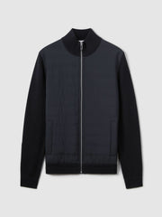 Hybrid Quilt and Knit Zip-Through Jacket in Navy