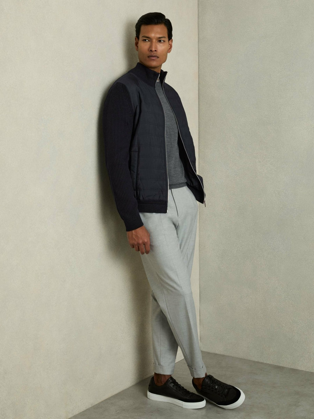 Hybrid Quilt and Knit Zip-Through Jacket in Navy