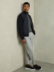 Hybrid Quilt and Knit Zip-Through Jacket in Navy