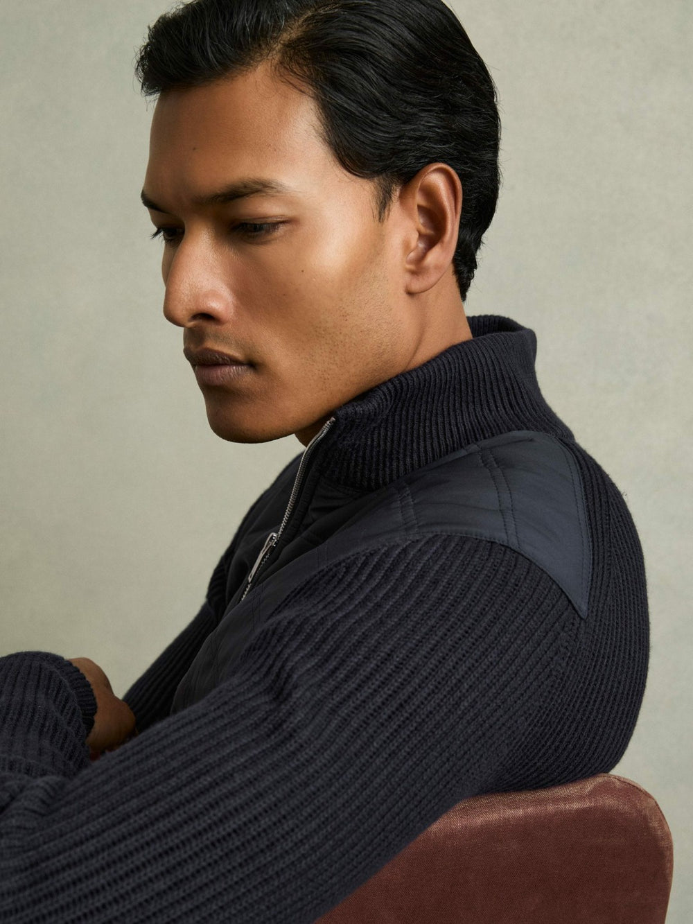 Hybrid Quilt and Knit Zip-Through Jacket in Navy