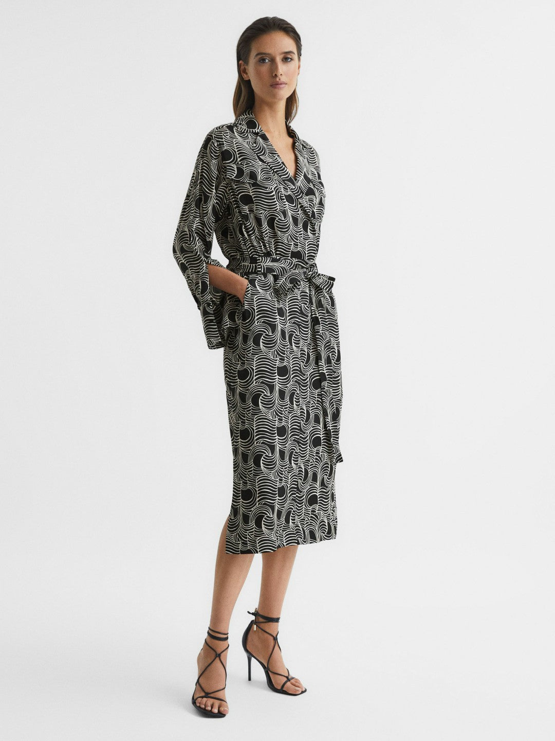 Swirl Print Midi Dress in Black/Cream