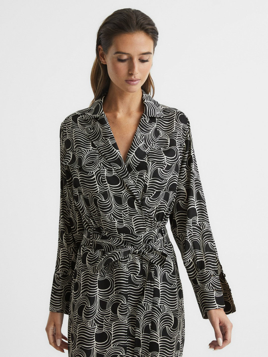 Swirl Print Midi Dress in Black/Cream