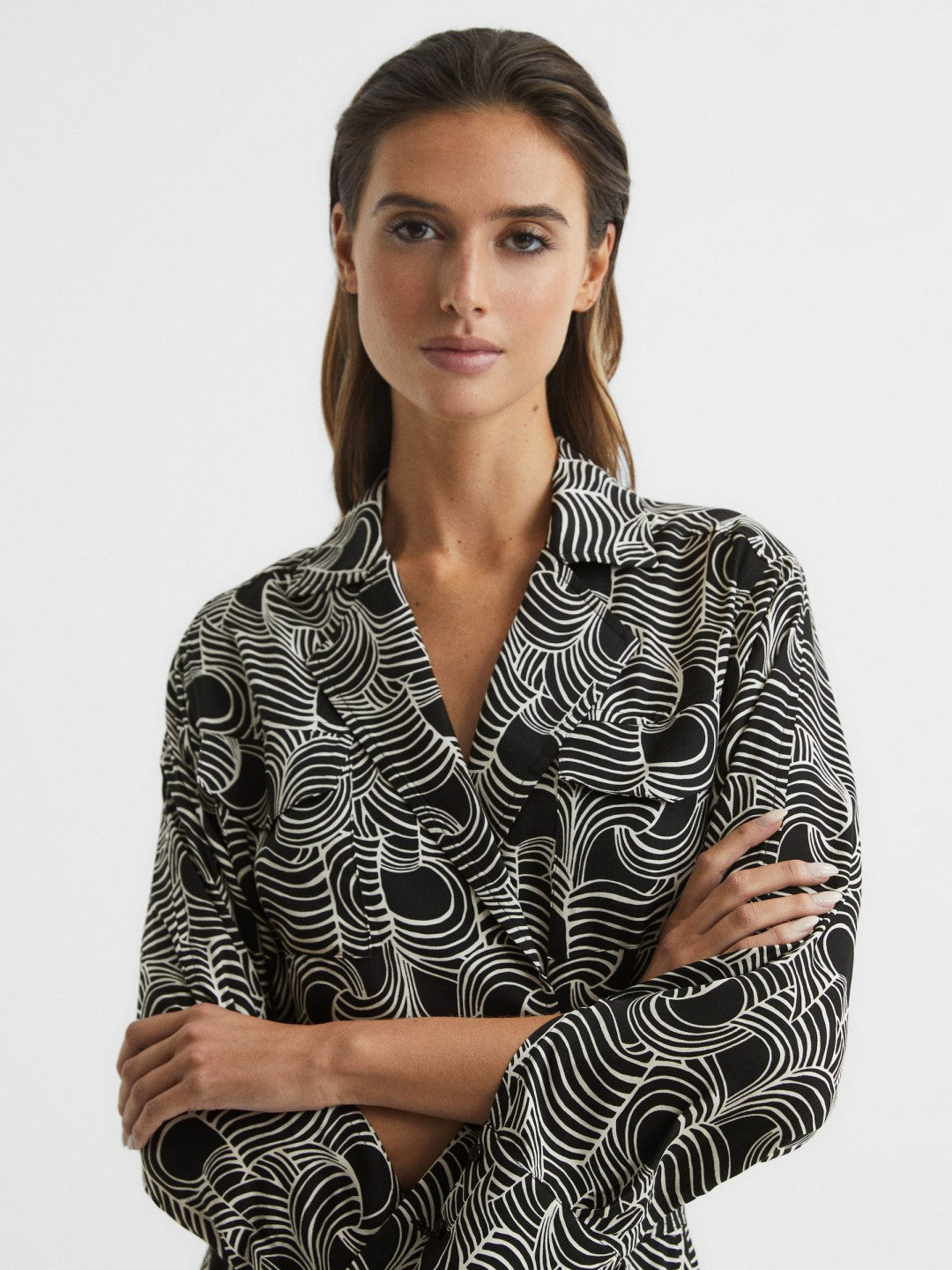 Swirl Print Midi Dress in Black/Cream