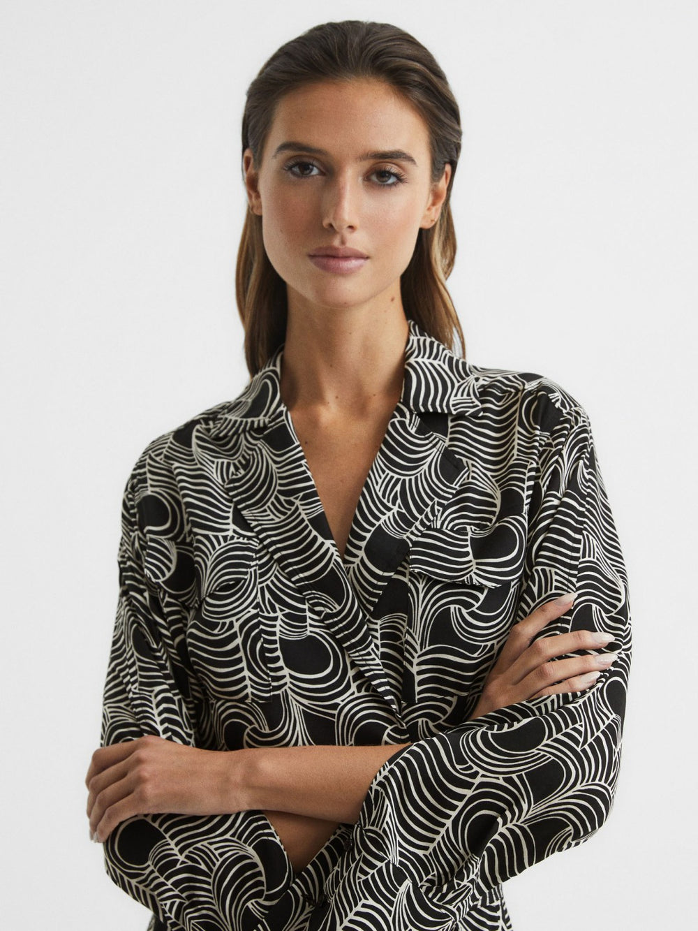 Swirl Print Midi Dress in Black/Cream