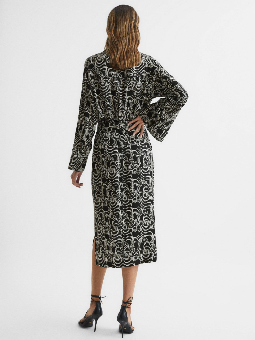 Swirl Print Midi Dress in Black/Cream