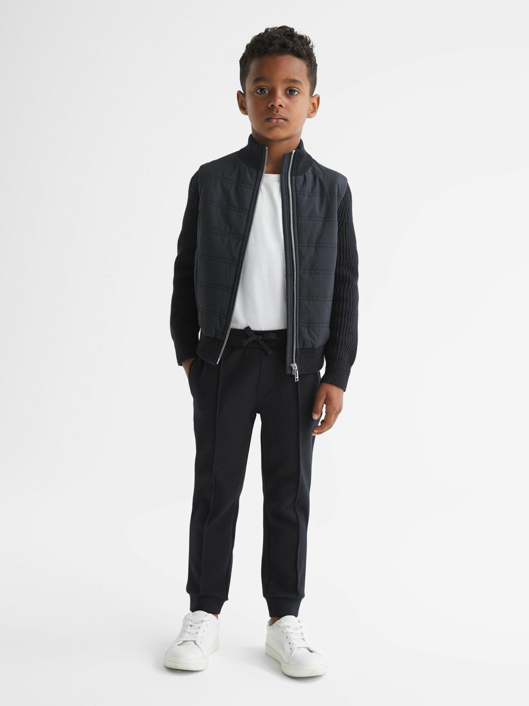 Junior Hybrid Zip Through Quilted Jacket in Navy
