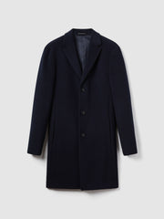 Wool Blend Single Breasted Epsom Overcoat in Navy