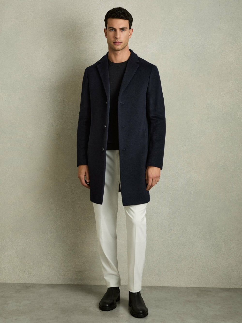 Wool Blend Single Breasted Epsom Overcoat in Navy