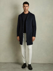 Wool Blend Single Breasted Epsom Overcoat in Navy