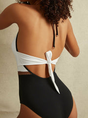 Colourblock Halter Swimsuit in White/Tan