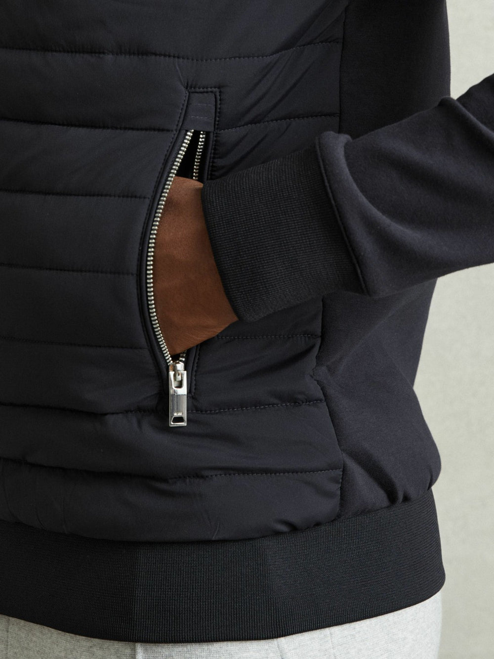 Hybrid Quilt and Knit Zip-Through Jacket in Navy