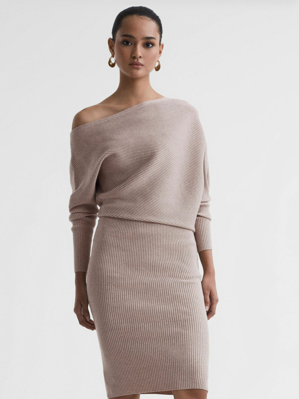 Off-The-Shoulder Ribbed Midi Dress in Neutral