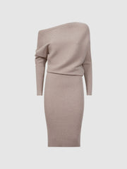 Off-The-Shoulder Ribbed Midi Dress in Neutral