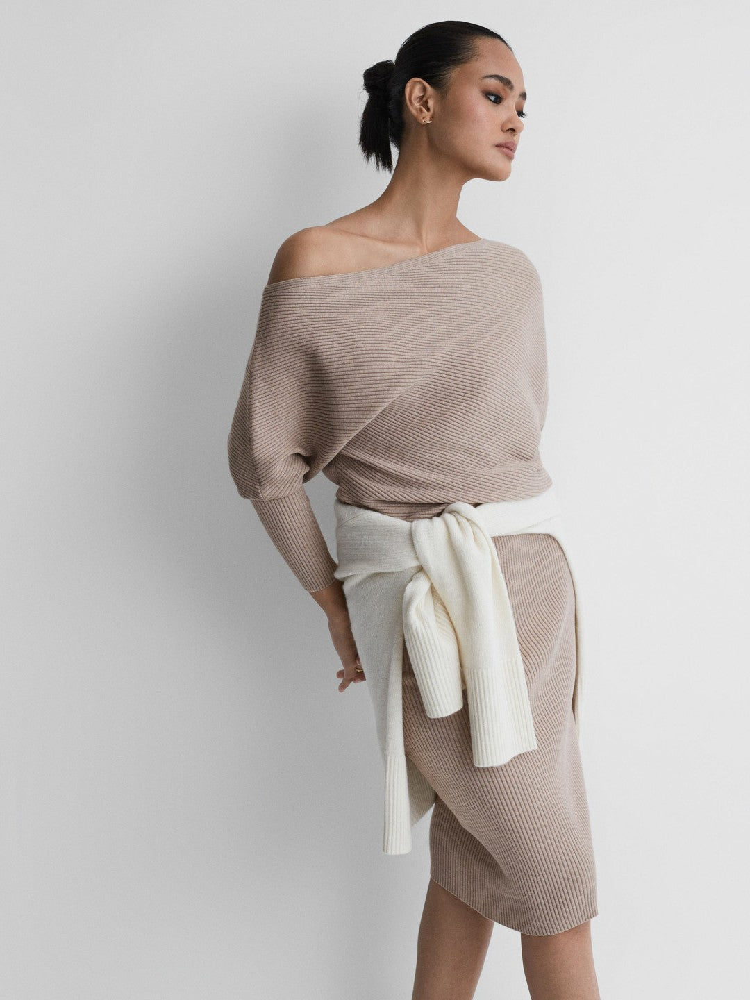 Off-The-Shoulder Ribbed Midi Dress in Neutral