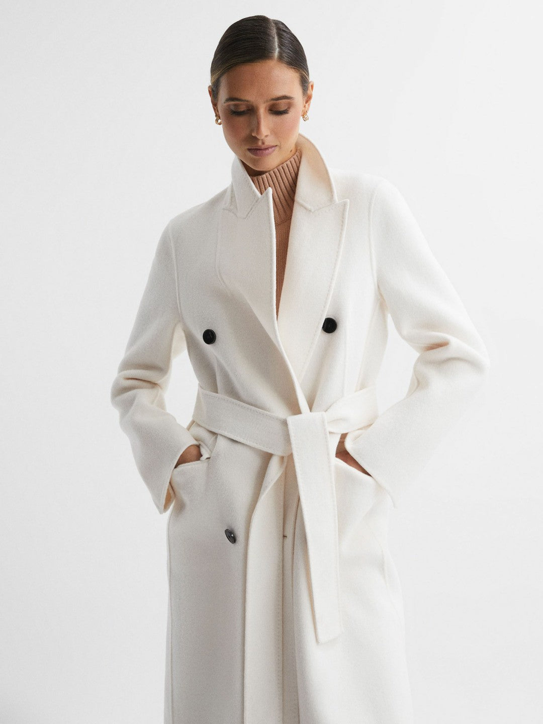 Petite Relaxed Wool Blend Blindseam Belted Coat in Cream