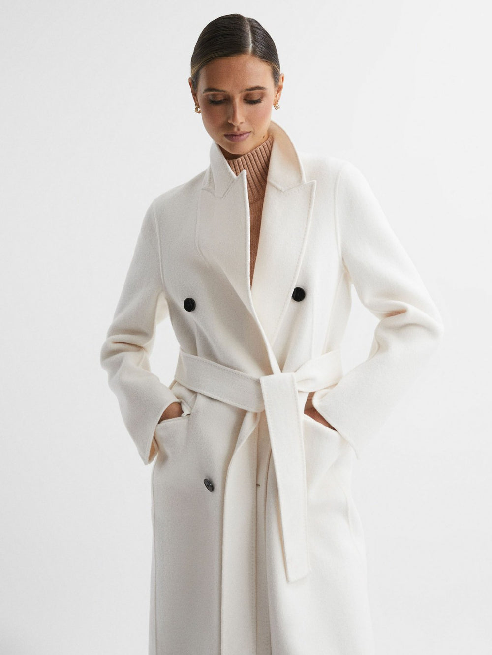 Petite Relaxed Wool Blend Blindseam Belted Coat in Cream