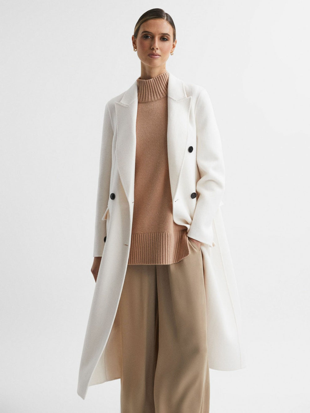 Petite Relaxed Wool Blend Blindseam Belted Coat in Cream
