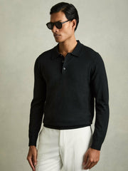 Merino Wool Polo Shirt in Black