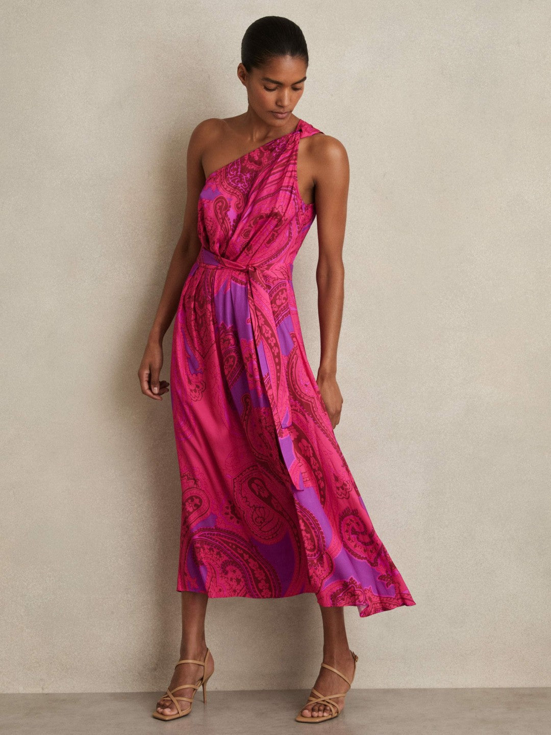 Paisley-Print One-Shoulder Midi Dress in Pink