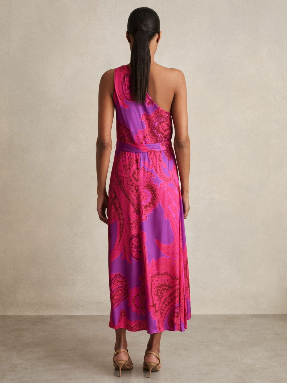 Paisley-Print One-Shoulder Midi Dress in Pink