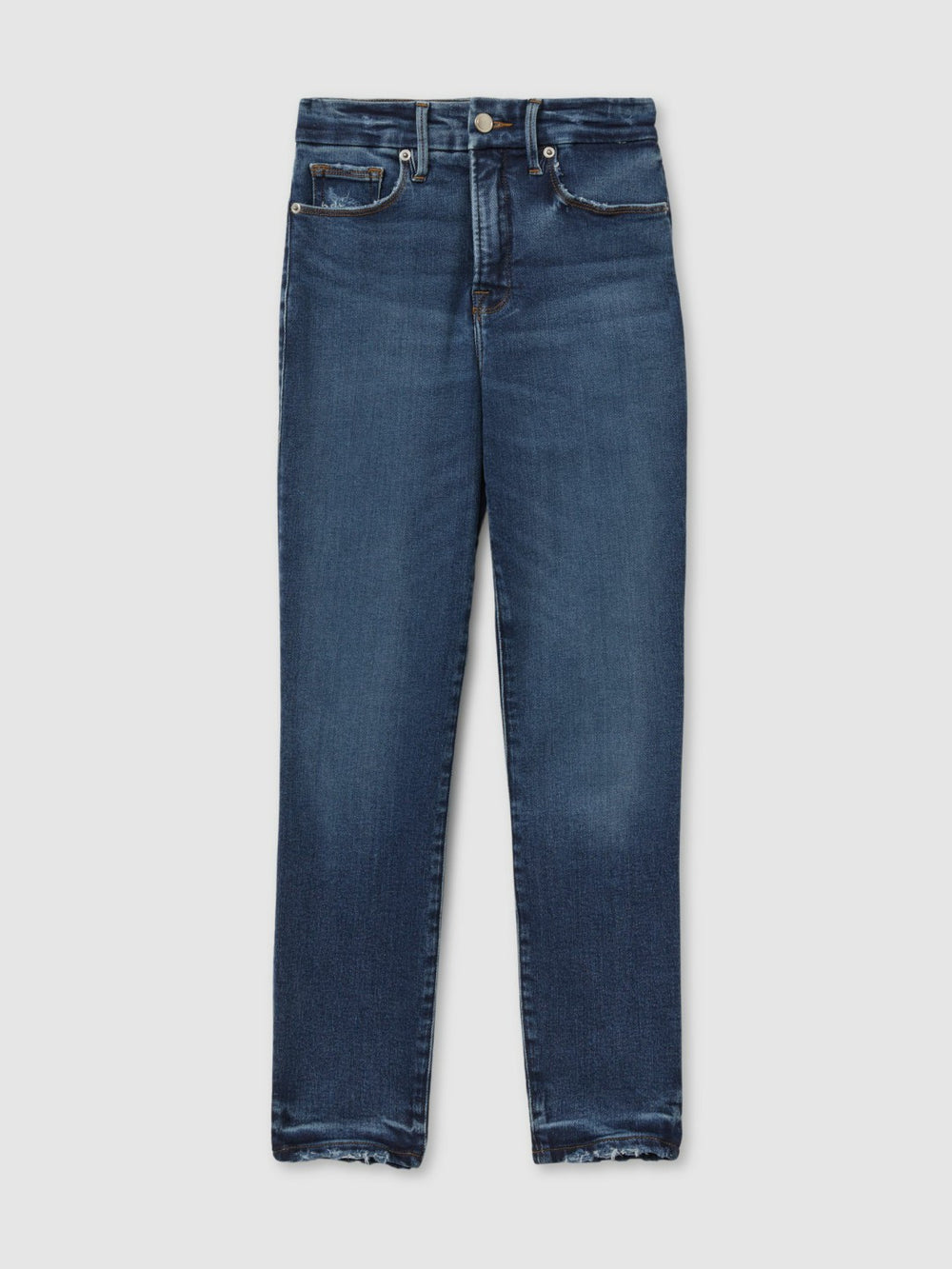 Good American Mid Rise Raw Hem Skinny Jeans in Indigo