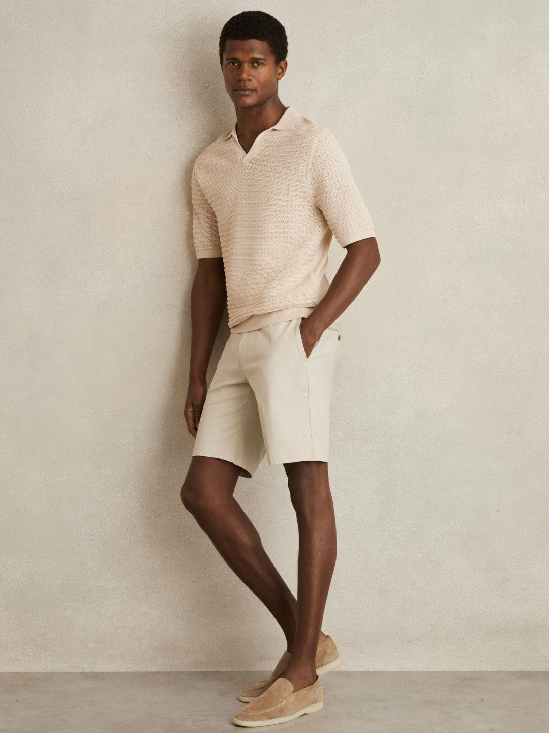 Pointelle Open-Collar Polo Shirt in Stone