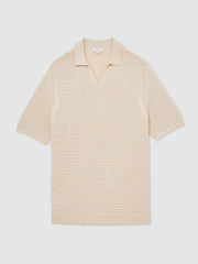 Pointelle Open-Collar Polo Shirt in Stone