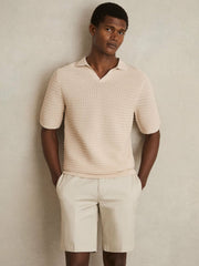 Pointelle Open-Collar Polo Shirt in Stone