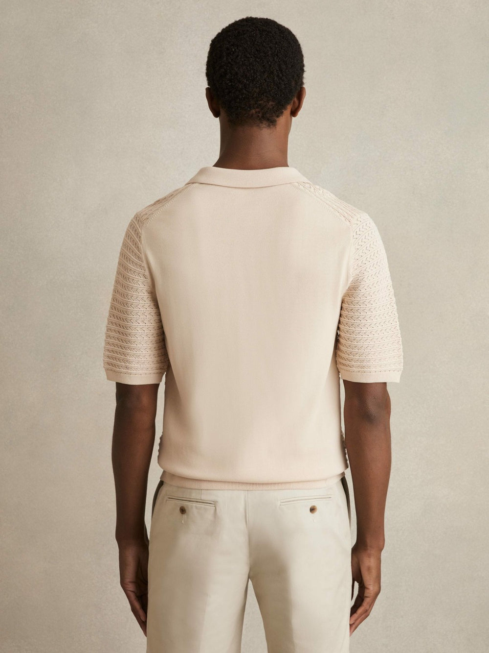 Pointelle Open-Collar Polo Shirt in Stone
