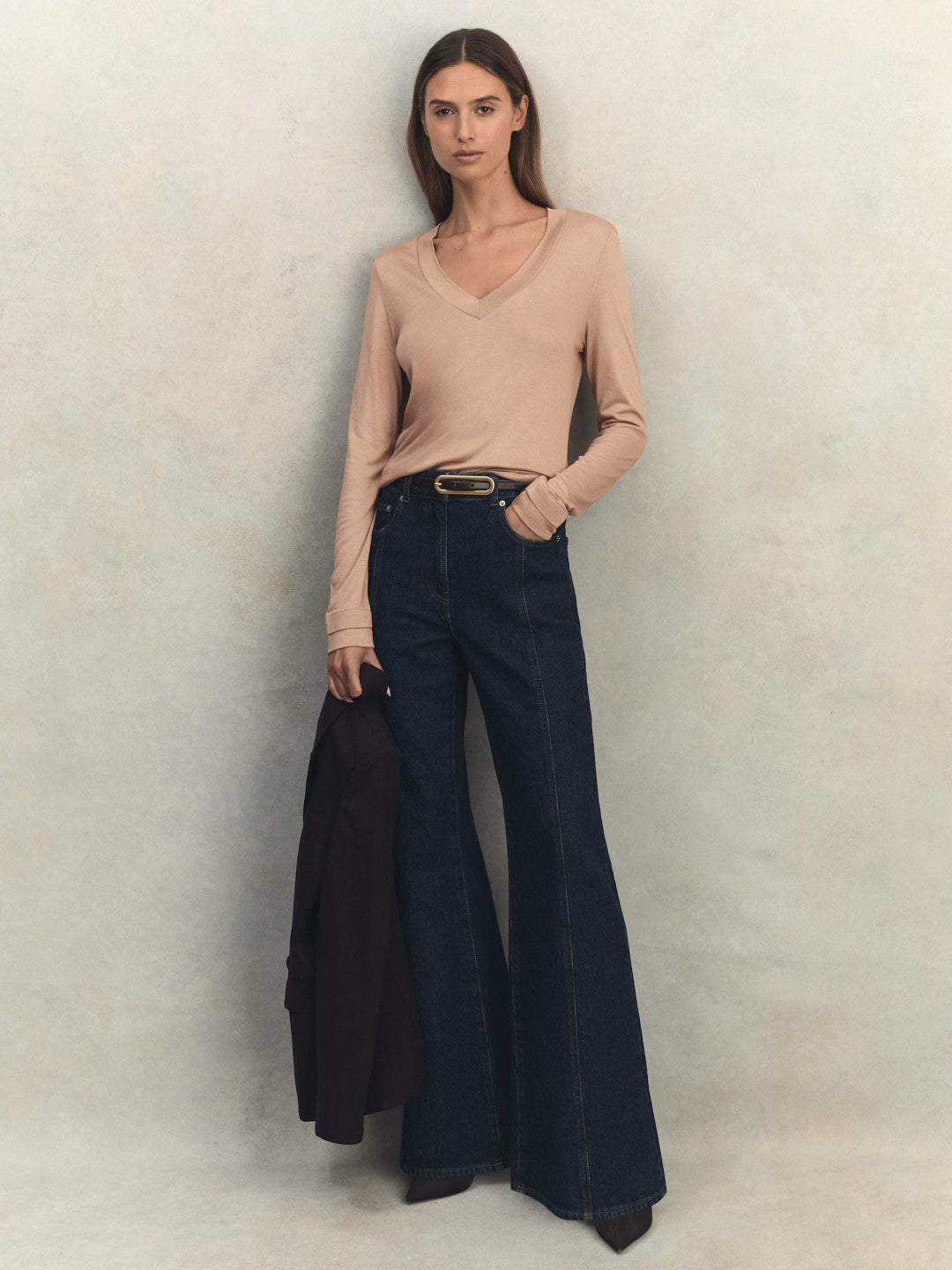 Jersey V-Neck Top in Camel