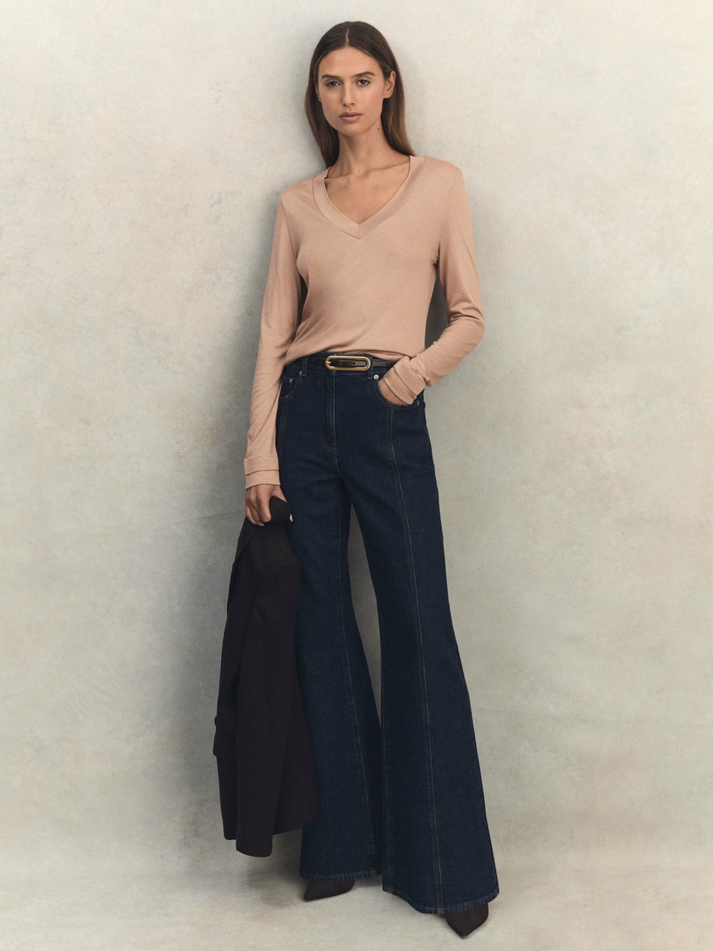 Jersey V-Neck Top in Camel