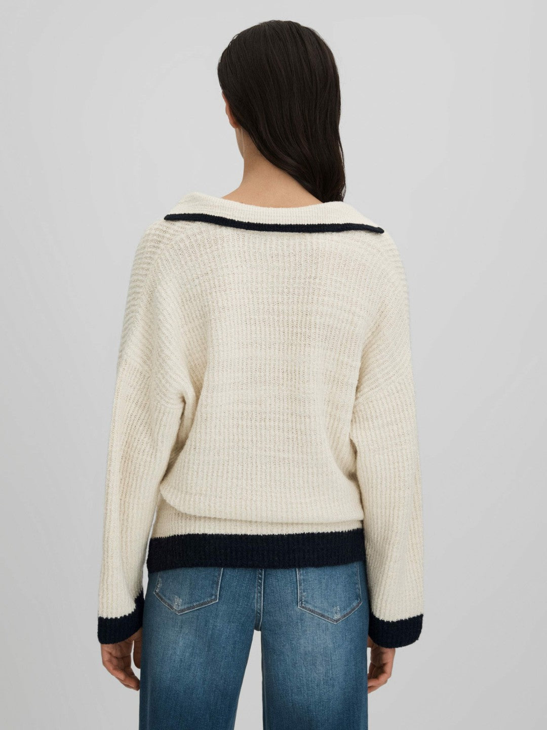 Wool Blend Open Collar Jumper in Cream/Navy