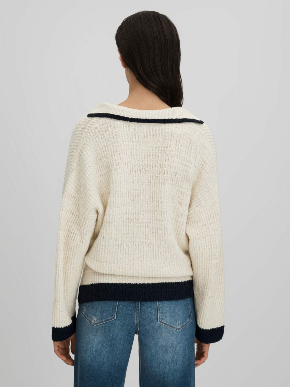 Wool Blend Open Collar Jumper in Cream/Navy