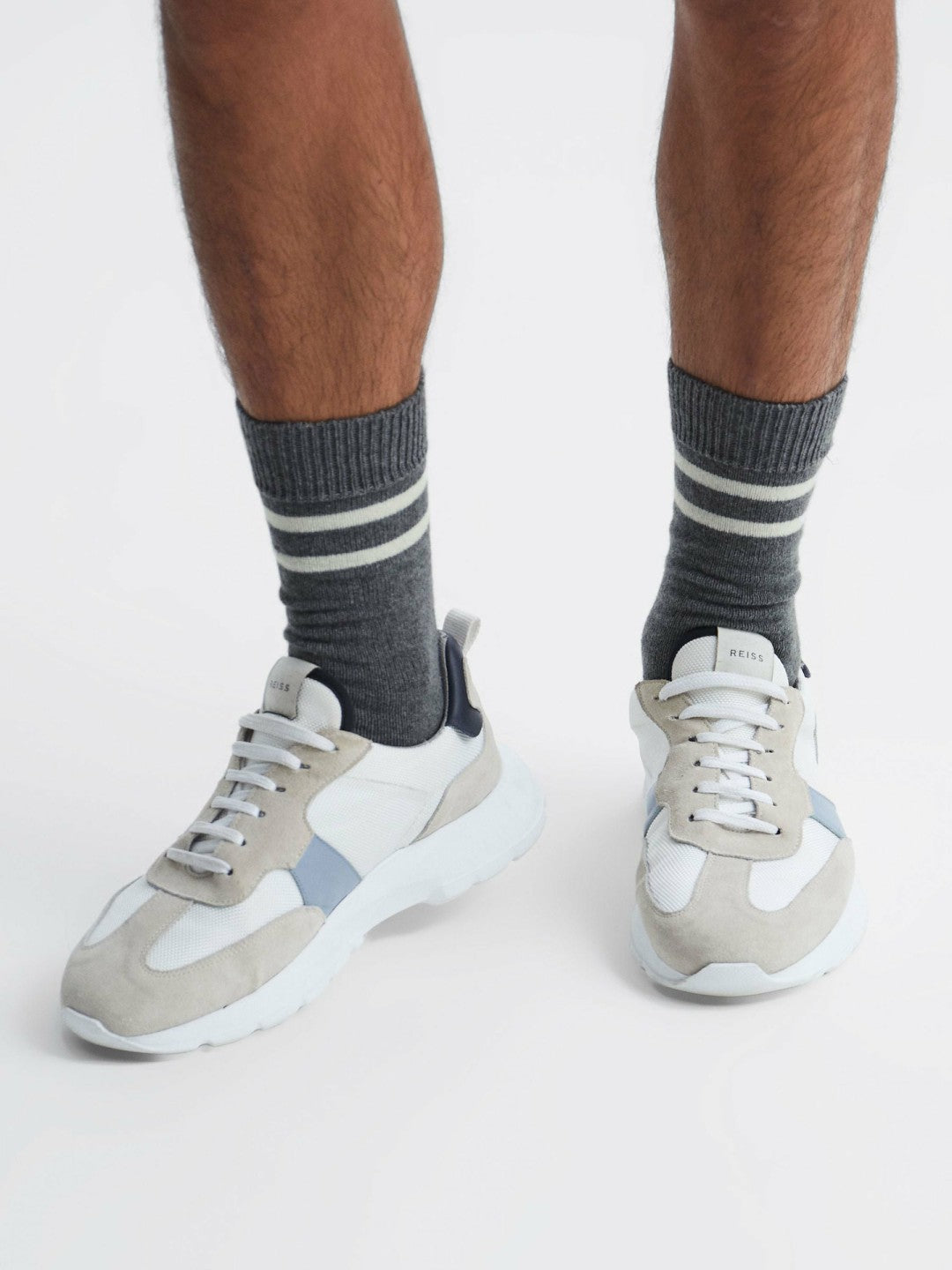 Wool Blend Striped Crew Socks in Grey Melange