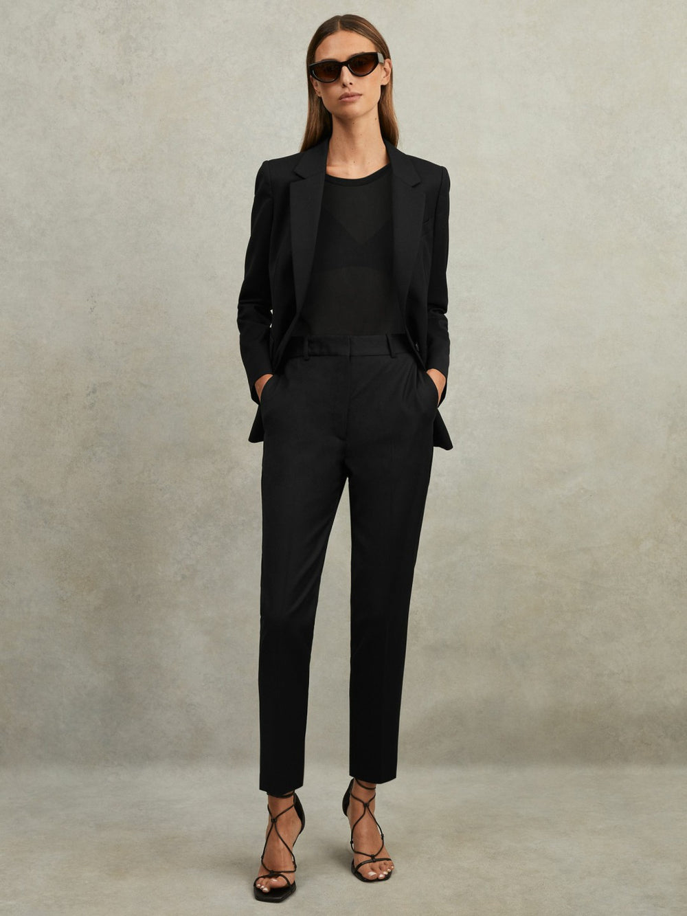 Wool Blend Tapered Suit Trousers in Black