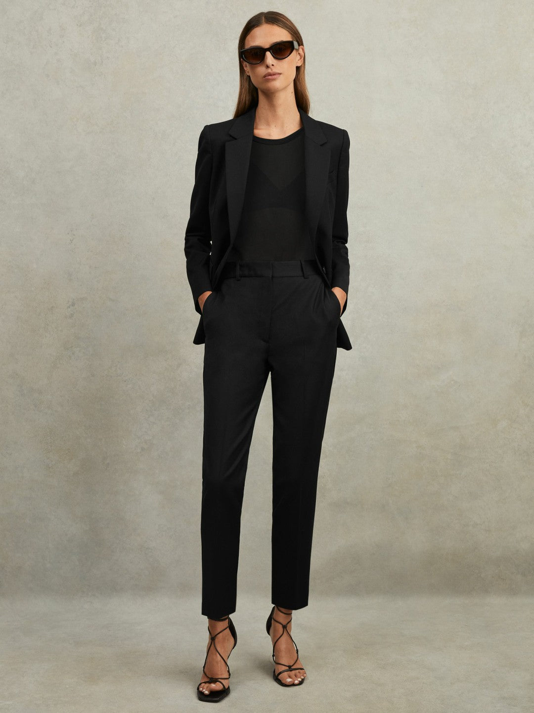 Wool Blend Tapered Suit Trousers in Black