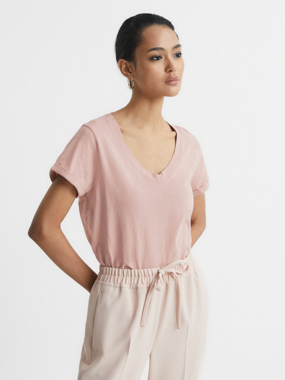 Cotton-Jersey V-Neck T-Shirt in Light Pink