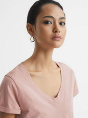 Cotton-Jersey V-Neck T-Shirt in Light Pink