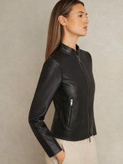 Leather Collarless Biker Jacket in Black