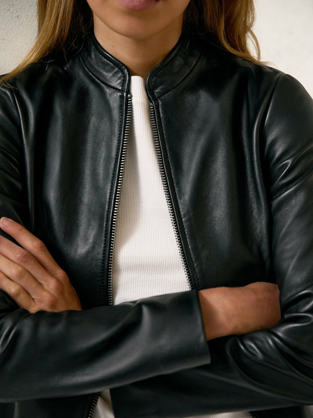 Leather Collarless Biker Jacket in Black