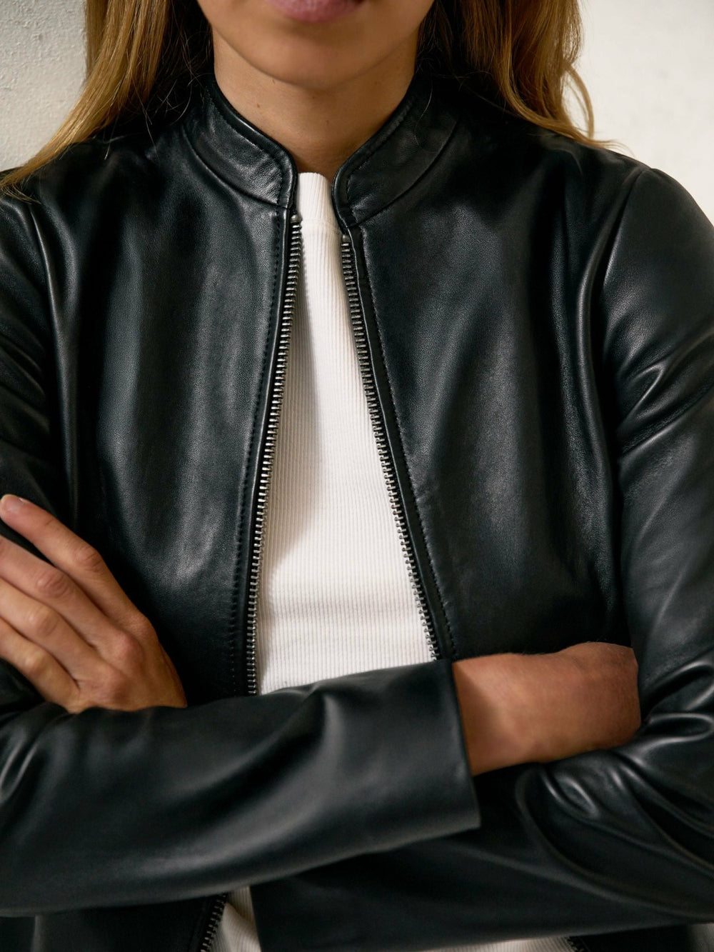 Leather Collarless Biker Jacket in Black