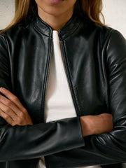 Leather Collarless Biker Jacket in Black