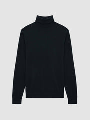 Slim Fit Merino Wool Roll Neck Jumper in Navy