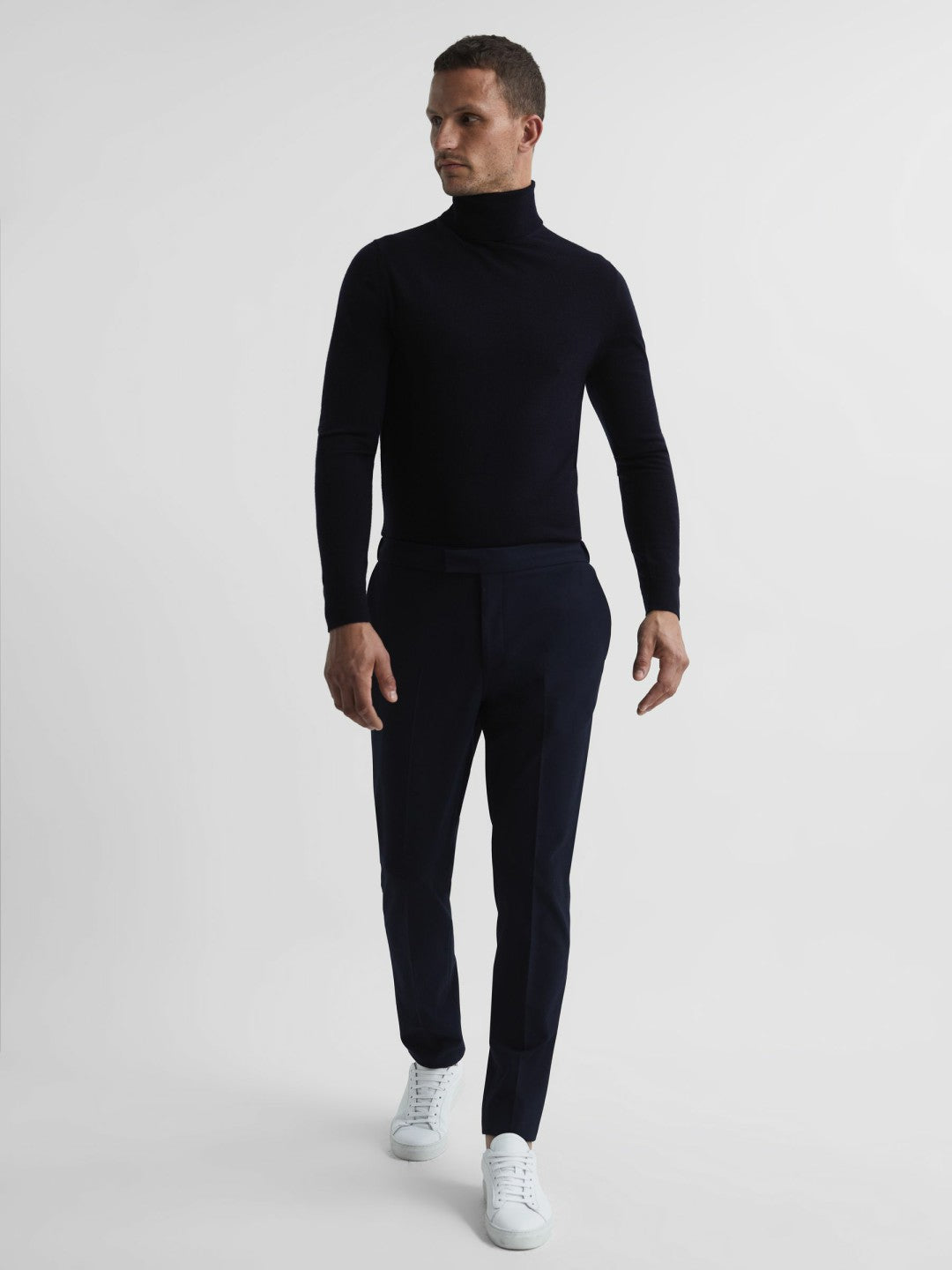 Slim Fit Merino Wool Roll Neck Jumper in Navy