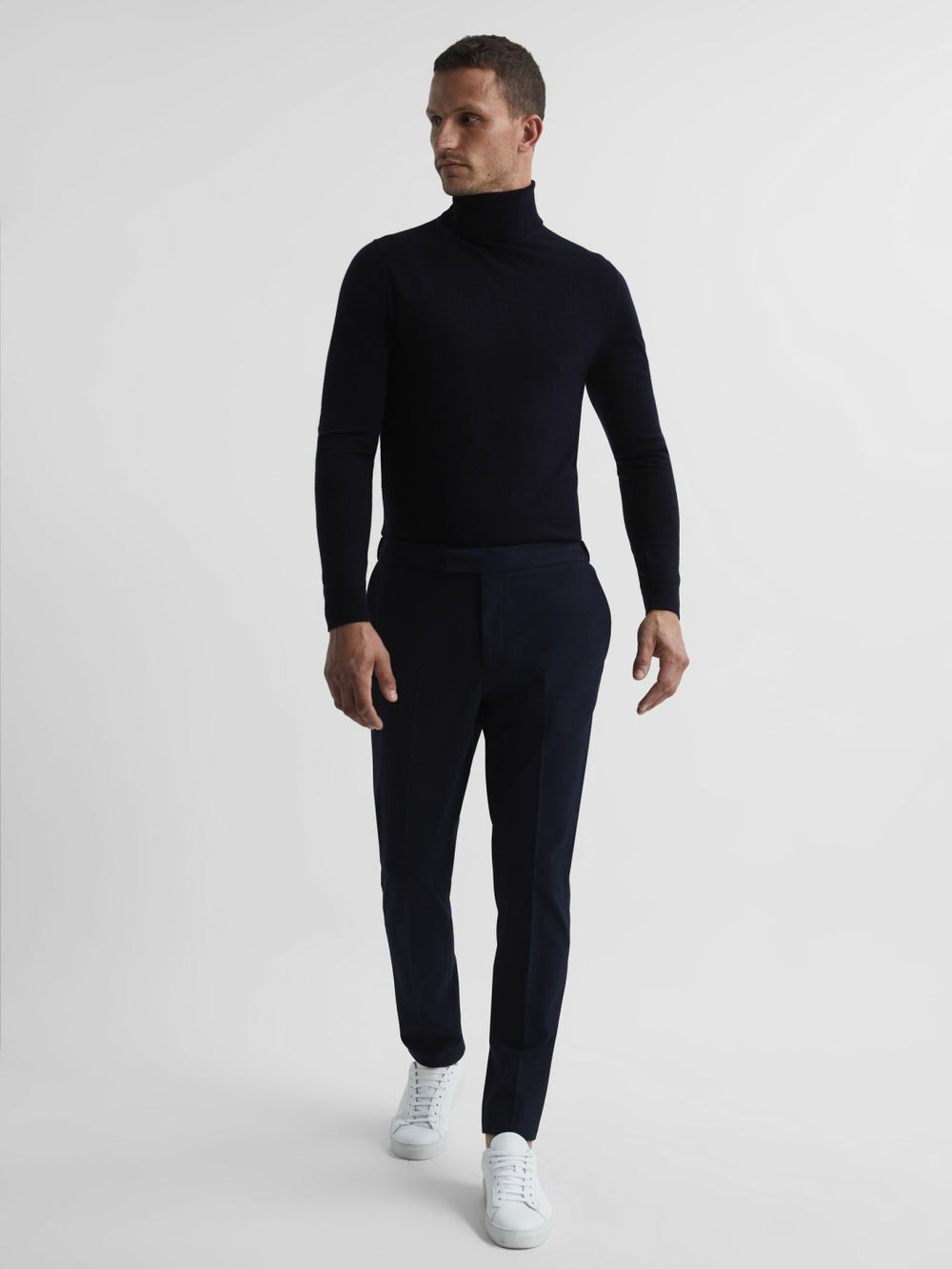 Slim Fit Merino Wool Roll Neck Jumper in Navy