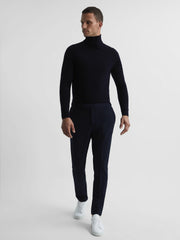 Slim Fit Merino Wool Roll Neck Jumper in Navy