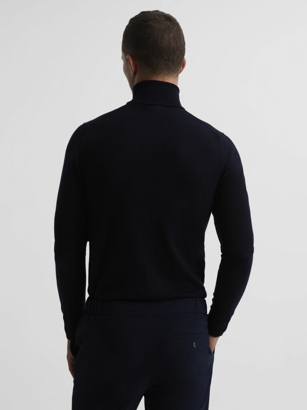 Slim Fit Merino Wool Roll Neck Jumper in Navy