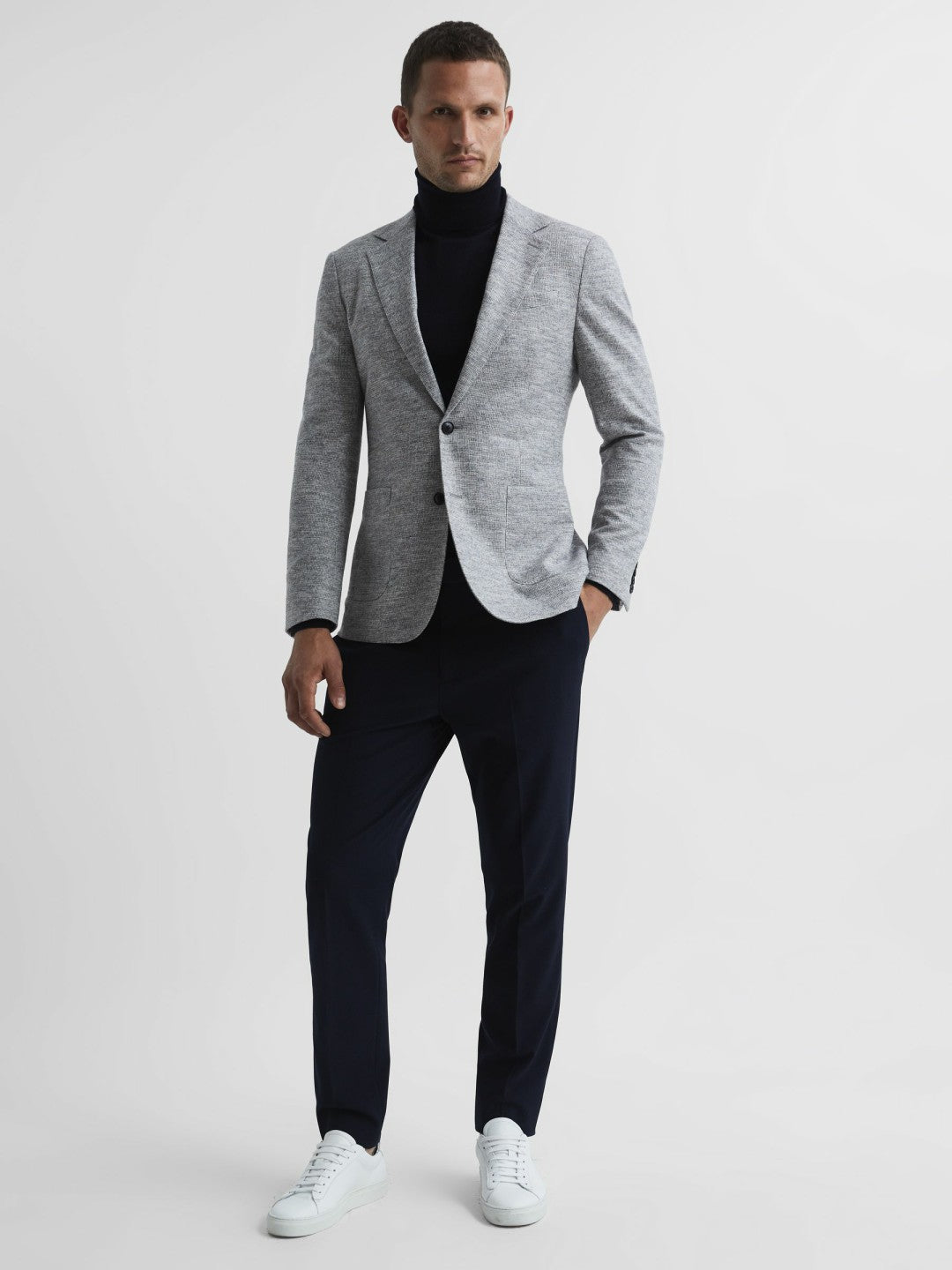Slim Fit Merino Wool Roll Neck Jumper in Navy